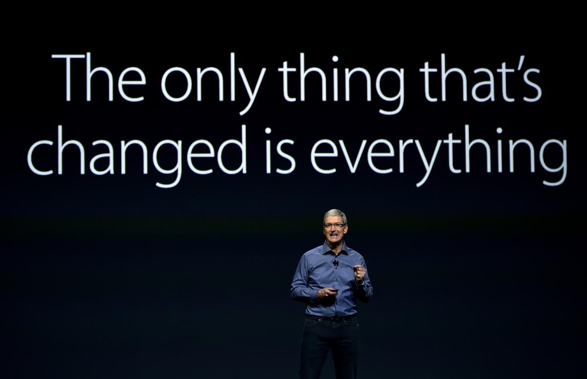 Apple Keynote 2015: Tim Cook standing on stage in front of this year’s theme message: “The Only Thing That’s Changed Is Everything”